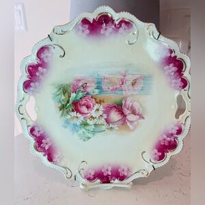 Cake Plate RS Prussia Wreath & Star [1870-1918] Reflecting Floral in Deep Rose